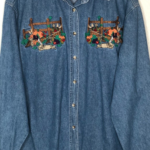 Vintage Denim Cottage Core Embroidered Shirt Blou… - image 3