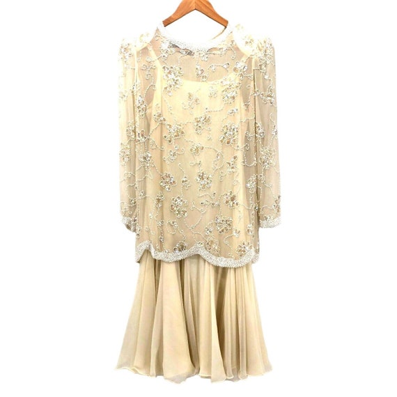 Vintage Ted Lapidus Dress Size 6 Ivory Sequin Bea… - image 1