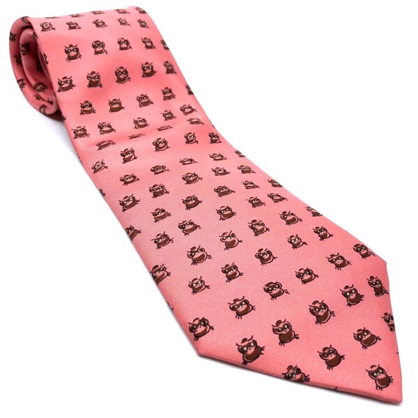 Vintage Hermes Tie Designer 100% Silk Owl Graphic Pink France Animal