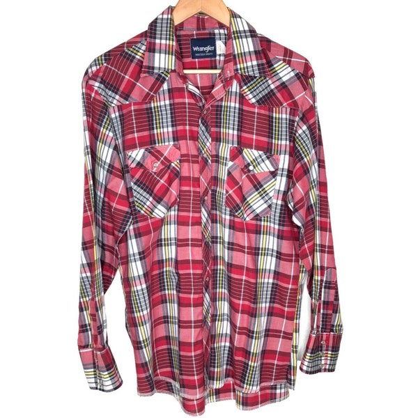 Vintage Wrangler Western Red Plaid Pearl Snap Mens Shirt Large Cowboy