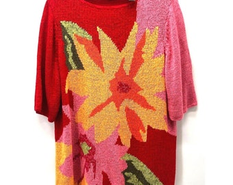 Vintage Crazy Horse Sweater Abstract Floral Graphic Pink Red Open Knit Size 2