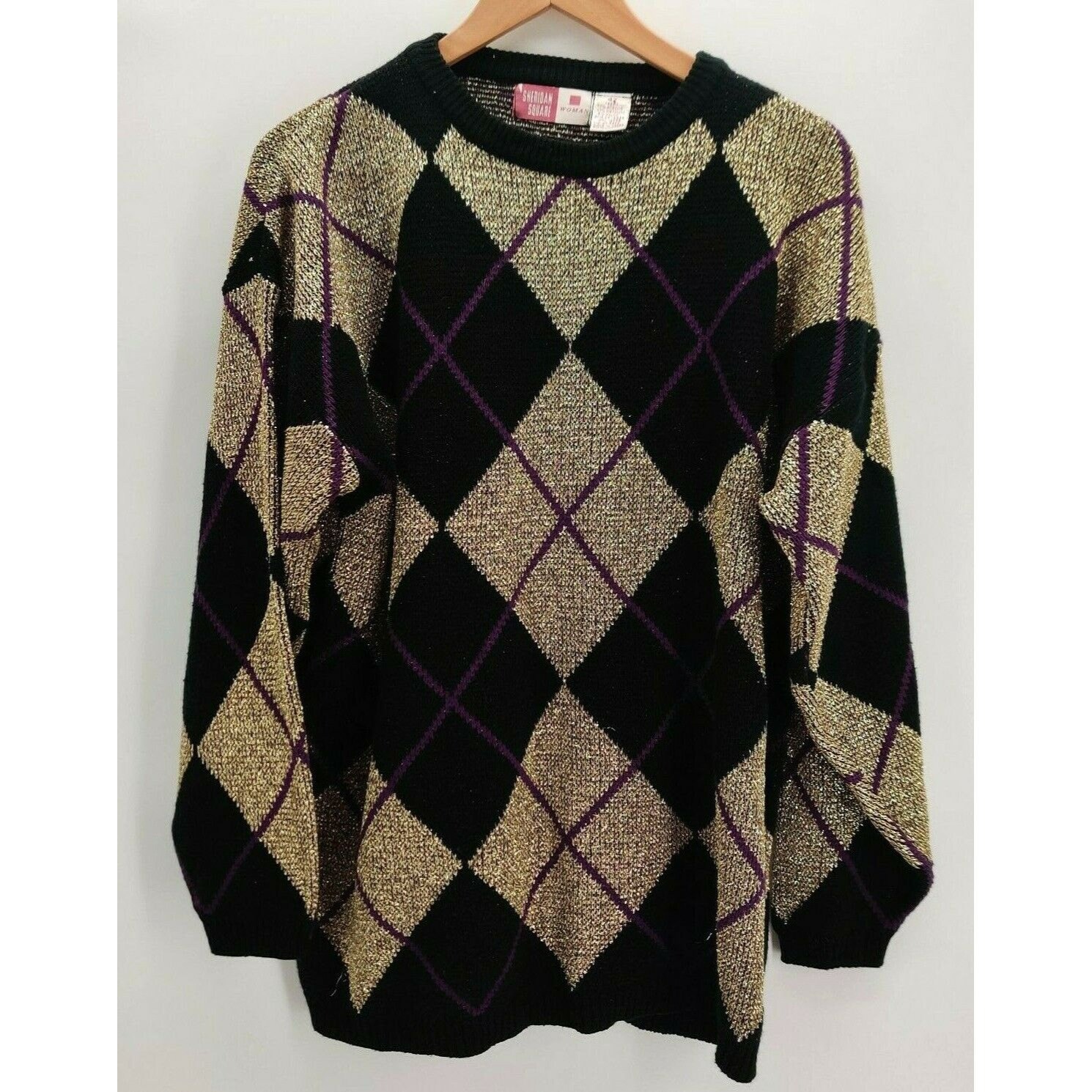 HeresTheDealByCarole Vintage Sheridan Square Women's Sweater Argyle Metallic Gold \u0026 Black Size 2x