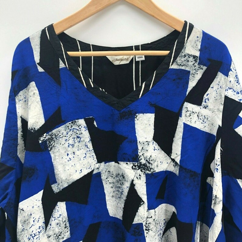 Vintage LYNG Tunic Top Size 2X Lagenlook Abstract Art to Wear Black Blue