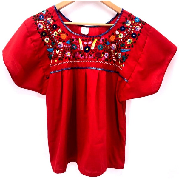 Vintage Mexican Blouse Top Large Red Boho Embroidered Floral Cotton Artsy Frieda