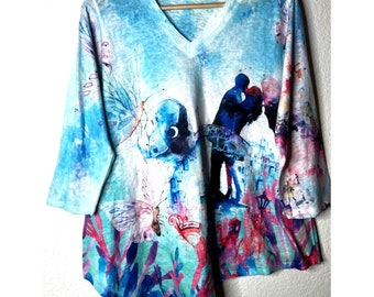Et Lois Wearable Art Lagenlook Grafik Tunika Top Bluse Medium Butterfly Artsy