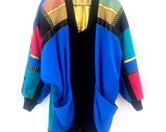 Vintage Sara Cocoon Jacket Medium  Metallic Shoulder Pads Pockets Color Block