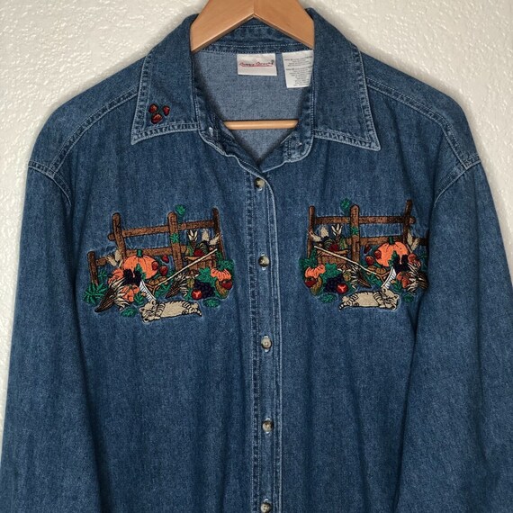 Vintage Denim Cottage Core Embroidered Shirt Blou… - image 2