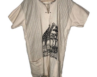 Vintage Boho Graphic Giraffe Tassel Pockets Tunic Top Blouse One Size Cover Up