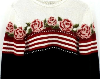 Vintage Casual Corner Sweater Patriotic Floral Flag Cottagecore Embroidery Large