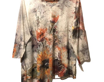 Et Lois Wearable Art Lagenlook Grafik Tunika Top Bluse Größe XL 3/4 Ärmel Artsy