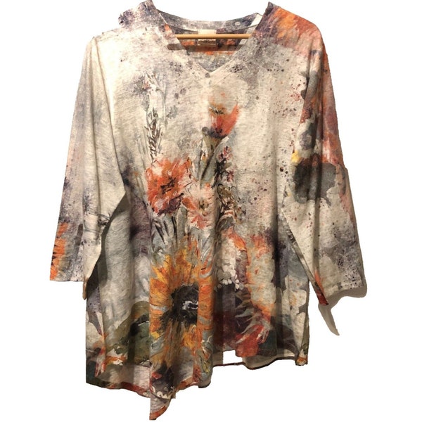 Et Lois Wearable Art Lagenlook Graphic Tunic Top Blouse Size XL 3/4 Sleeve Artsy