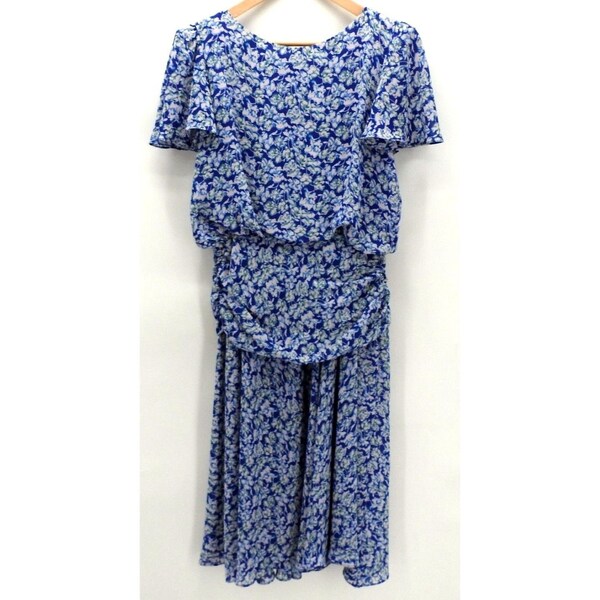 Vintage Jody California Blouson Dress Blue Floral Chiffon Ruched Size 13/14