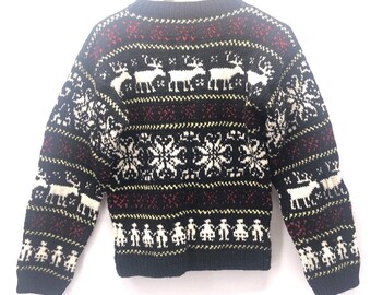 Maglione Fair Isle vintage fatto a mano, fiocchi di neve blu bianchi, alce, misura nordica, taglia piccola