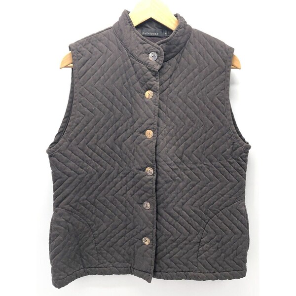 Cut Loose Quilted Vest Small Brown Button Pockets Lagenlook Tencel USA