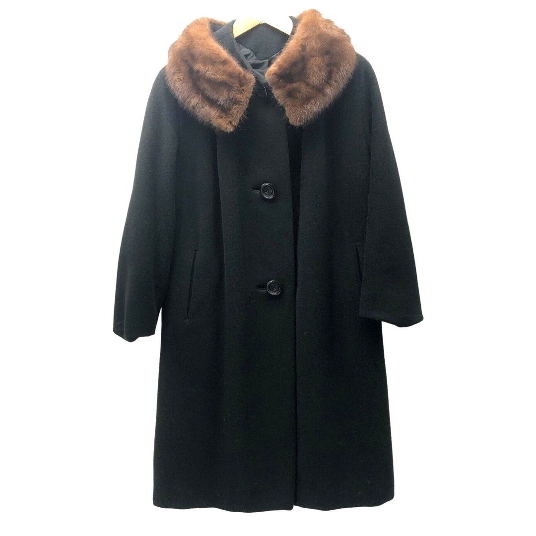 Vintage 60s Surrella Diane Coat Black Swing Wool Fur Collar - Etsy