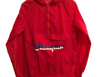 Vintage Champion Anorak Windbreaker Hooded Spell Out Jacket Small Red Pocket