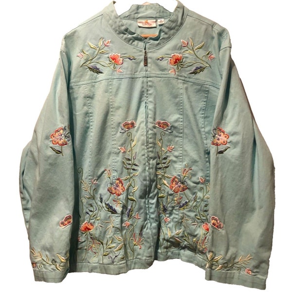 Quacker Factory Floral Embroidery Beads Sequin Denim Jacket Plus Sz 3X Butterfly