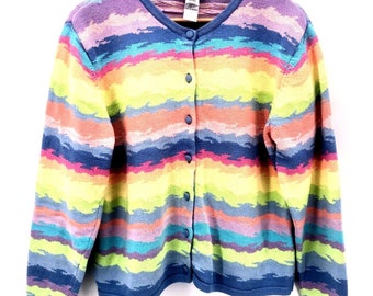 vintage Talbots Cardigan Pull Large Pastel Abstract Waves Button Knit Twee