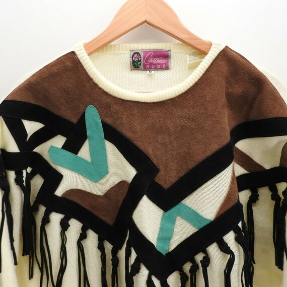 Vintage Cameo Rose Sweater Western Leather Fringe… - image 3