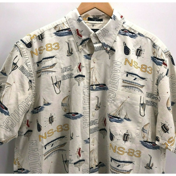 Vintage Nautica Men Shirt All Over Print Graphic Sailing Boat Button USA  Size XL 