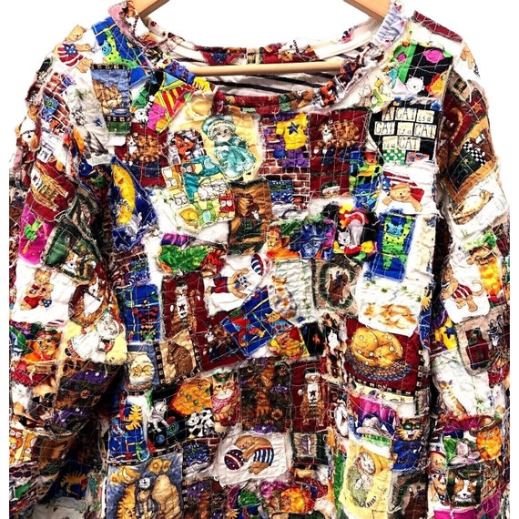 Vintage CRAZY QUILT Patchwork Top Sweatshirt Cats… - image 2