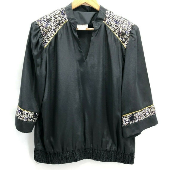 Vintage Tops N Tops Blouse Black Silver Gold Sequ… - image 1