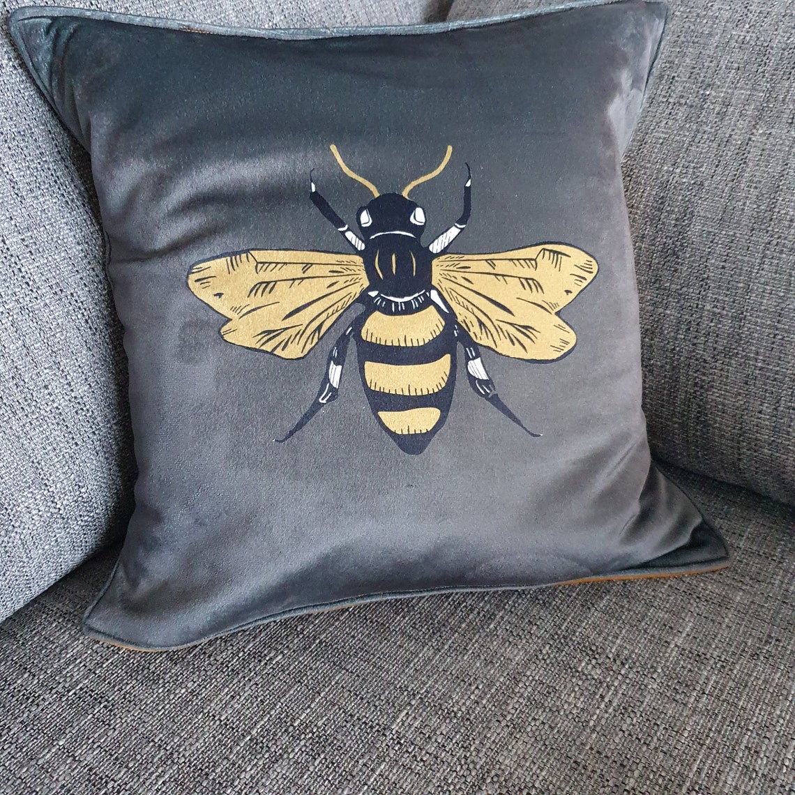 Grey Bee Velvet Cushion Etsy