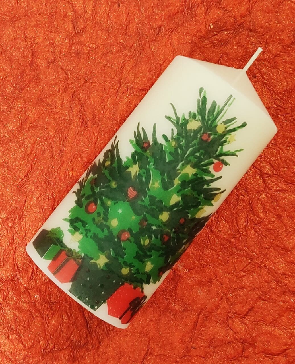 Hand made Christmas Pillar Candle with two sides printed. Etsy