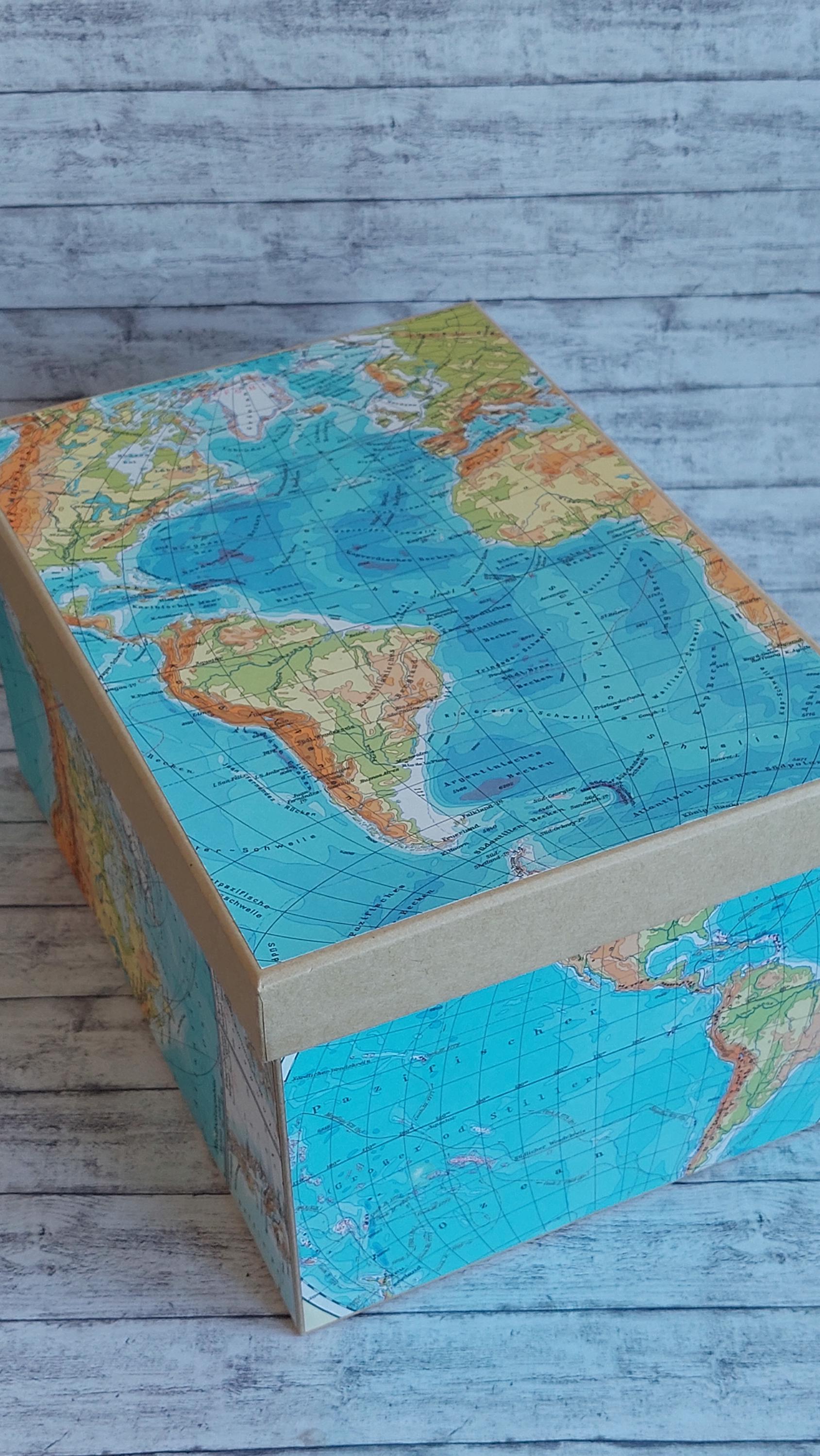 Cadeaudoos Wereldkaart • Noord-Amerika • Zuid-Amerika • Afrika • Europa • Arctisch • Atlantische Oceaan • Groenland • Reizen • DIY • Handgemaakt • Upcycling