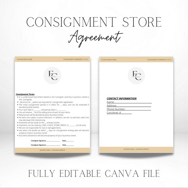 Consignment Store Contact Template, Consignment Store Agreement Template, Boutique Contract, Consignment Contract, Small Business Contact