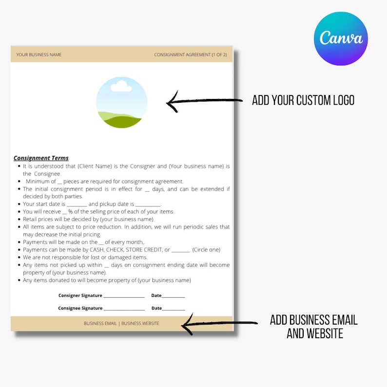 Consignment store agreement with business terms, signatures, and contact information