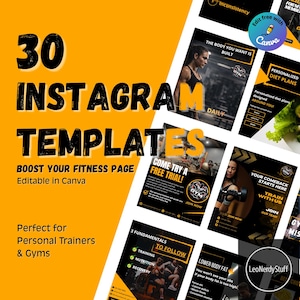 Può includere: Una grafica arancione e nera che promuove 30 modelli Instagram per pagine di fitness. Il testo include "Boost Your Fitness Page" e "Editable in Canva". Ulteriore testo promuove i modelli per personal trainer e palestre.