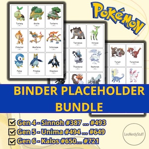 Può includere: Un pacchetto di carte segnaposto per raccoglitori Pokémon con vari personaggi delle regioni di Sinnoh, Unima e Kalos. Le carte sono disposte in righe e colonne, con i nomi e i numeri dei Pokémon. Il testo "BINDER PLACEHOLDER BUNDLE" è visibile.