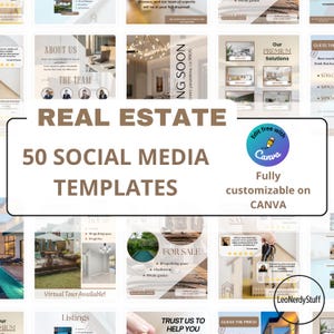 Può includere: Immagine promozionale per modelli di social media immobiliari. Il testo recita "REAL ESTATE 50 SOCIAL MEDIA TEMPLATES". L'immagine include vari modelli di esempio, con il logo Canva e il testo "Edit free with Canva, Fully customizable on CANVA".