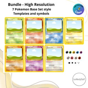 Può includere: Un pacchetto di sette modelli e simboli in stile Pokemon Base Set. I modelli presentano un bordo giallo, spazio per un nome di Pokemon e un'immagine di sfondo. L'immagine include anche vari simboli di energia e il logo Canva.