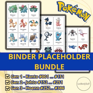 Può includere: Un pacchetto di carte segnaposto per raccoglitori Pokémon con vari personaggi delle regioni di Kanto, Johto e Hoenn. Le carte mostrano immagini di Bulbasaur, Charmander, Squirtle e altri. Il testo "BINDER PLACEHOLDER BUNDLE" è visibile.