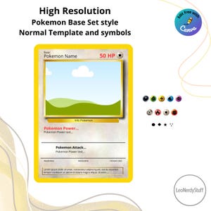 Può includere: Un modello di carta Pokémon giallo con uno spazio immagine vuoto, campi di testo e vari simboli. Il design della carta include il testo "High Resolution Pokemon Base Set style Normal Template and symbols". La carta ha un valore HP di 50.