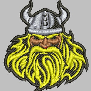 May include: Embroidered patch featuring a Viking face with a yellow beard, brown nose, and a silver helmet with horns. The patch has a black outline and is designed with detailed stitching, suitable for apparel or accessories.