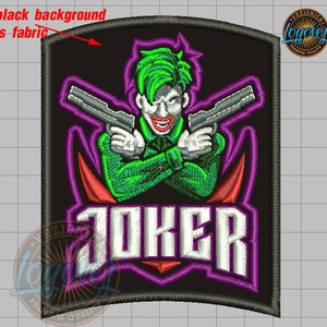 May include: Embroidered patch featuring the Joker with green hair and a green suit, holding two silver guns. The word "JOKER" is displayed in white, outlined in purple. The background is black.