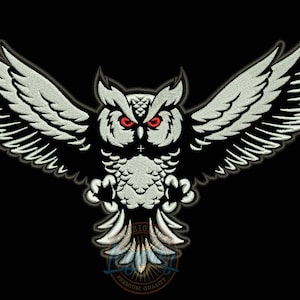 May include: Embroidered owl patch with outstretched wings, featuring white thread on a black background. The owl has red eyes and detailed feathering, creating a striking contrast. The design is suitable for apparel or accessories.