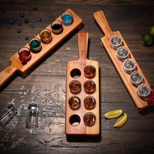 Handmade Wooden 5 / 8 Shot Glasses Set with Serving Board | Bar Accessories for Home Pub | Shot Glass Paddle, Shot Tray, Shot Flight