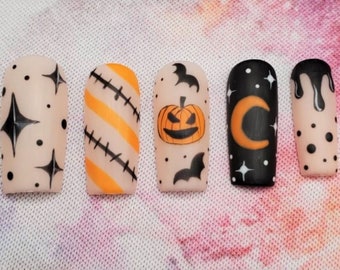 Black and Orange Pumpkin Nails