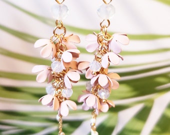 Floral dangle earrings, pink earrings, white earrings, floral theme,flower string, gift for her, anniversary gift