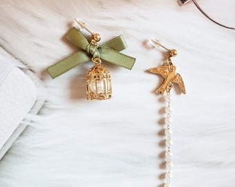 Bird and bird cage earrings| gold earrings, pearl string, classical style earrings, asymmetrical, gift for her, vintage earrings