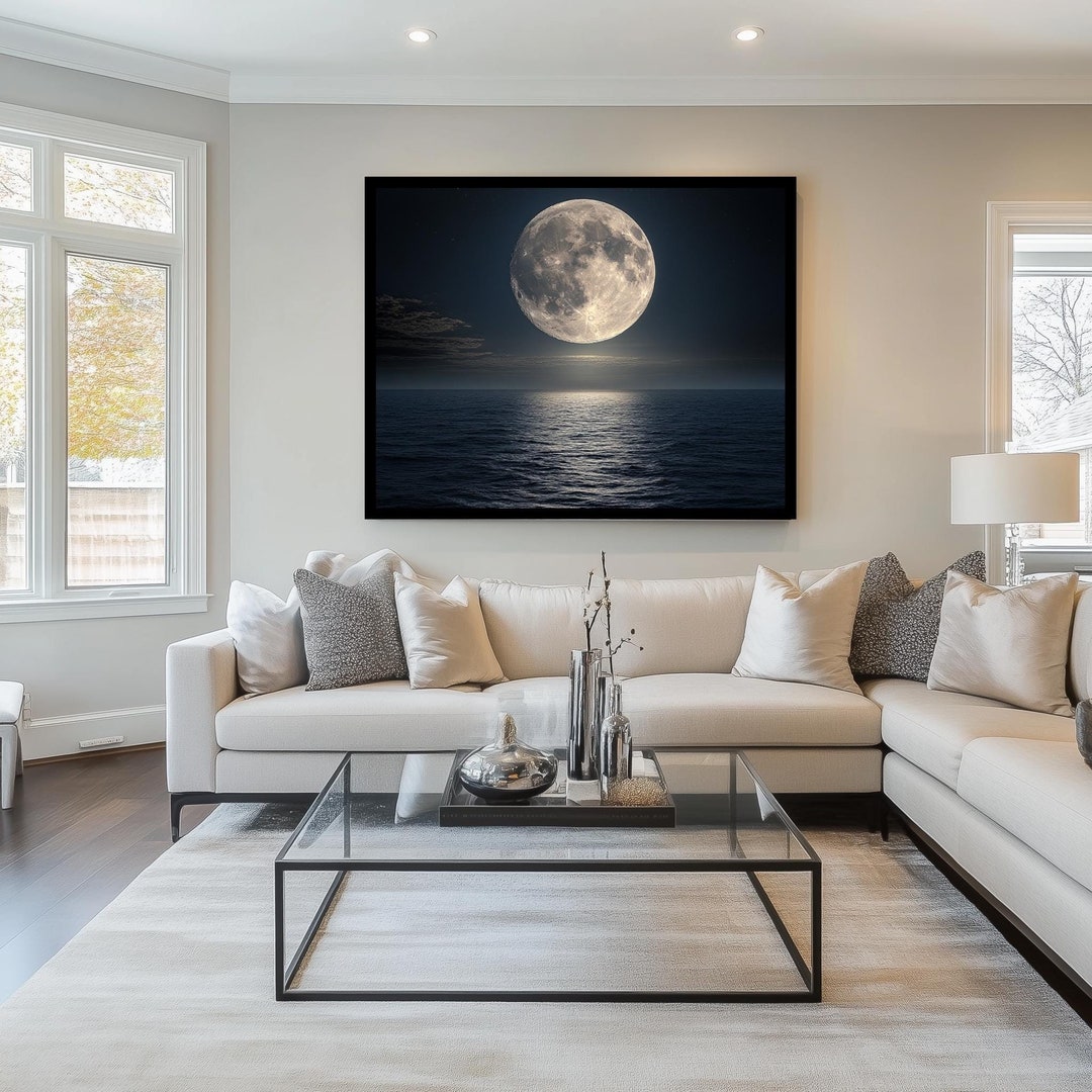 Full Moon Over Ocean Serene Night Sky Canvas Wall Art, Ocean View ...