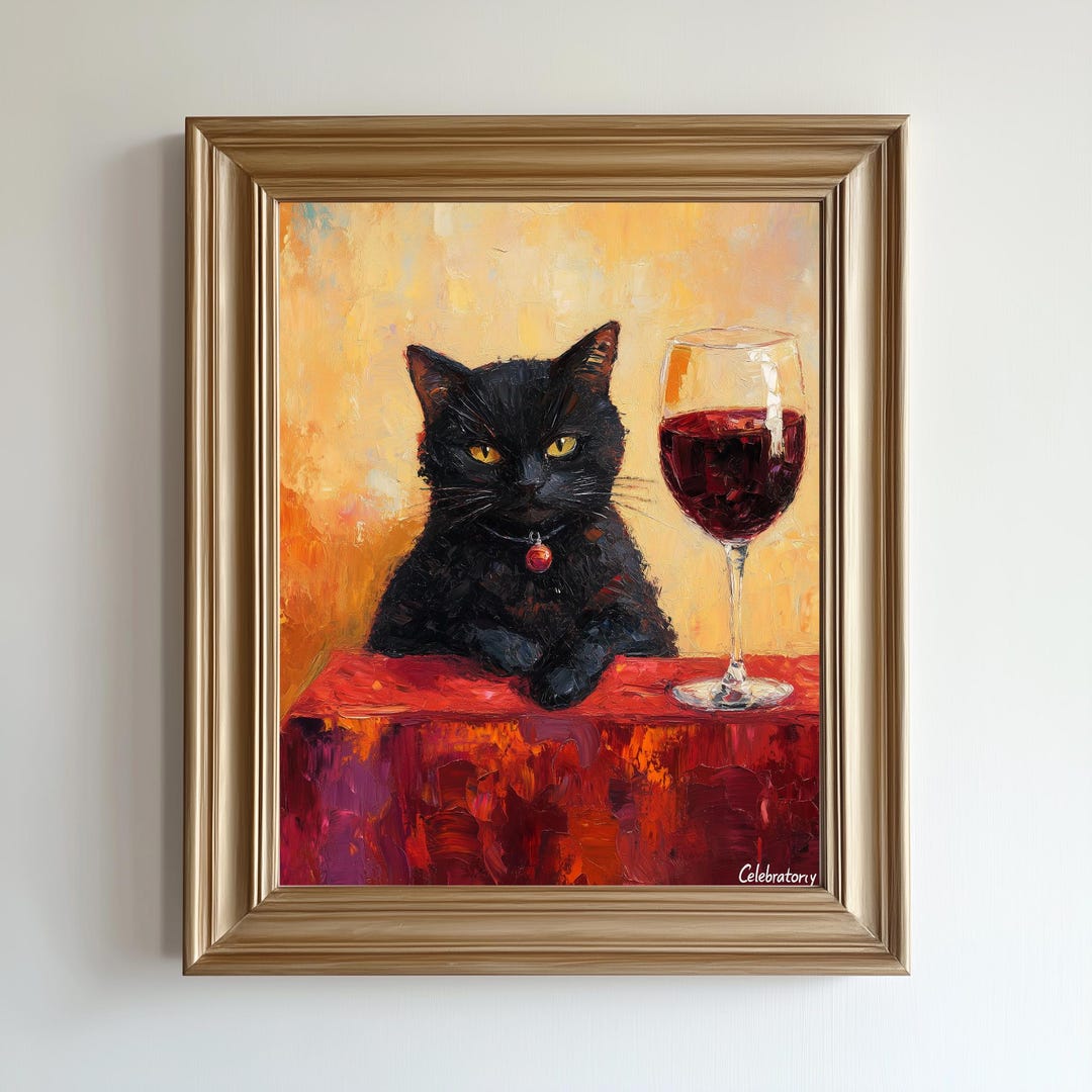Whimsical Black Cat With Wine Glass Canvas Art Print Bold and Playful ...