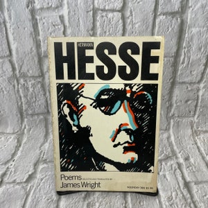 May include: A book cover with a black and white illustration of a man with a red and blue face. The title "HERMANN HESSE" is in large black letters. The book is titled "Poems" and the author is "James Wright".