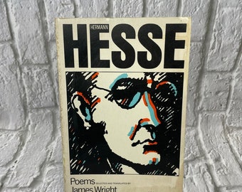 May include: A book cover with a black and white illustration of a man with a red and blue face. The title "HERMANN HESSE" is in large black letters. The book is titled "Poems" and the author is "James Wright".