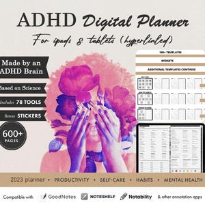 Planificador diario para adultos con TDAH, planificador digital para TDAH para iPad, Goodnotes y Android. Seguimiento de hábitos y cuidado personal (creado por un paciente con TDAH)