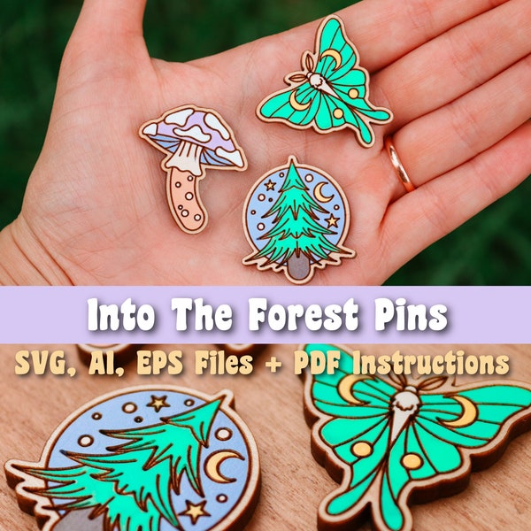 Into The Forest Pins SVG, Ai, EPS files - Glowforge Files - Laser Cutter Files - Wood Lapel Pins - Luna Moth Svg - Mushroom Svg - Hiking Svg
